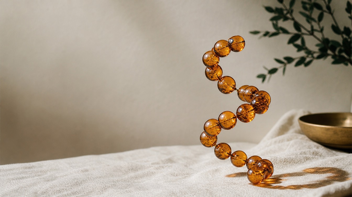 Abstract still life: a helix of fifteen translucent amber glass beads suspended above linen