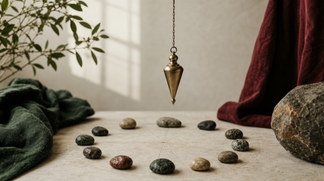 Abstract still life: a brass pendulum mid-swing above a circle of small stones arranged like a clock face