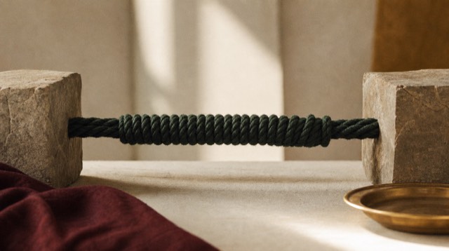 Abstract still life: a coiled braided rope of ink-green cord under tension between two stone blocks