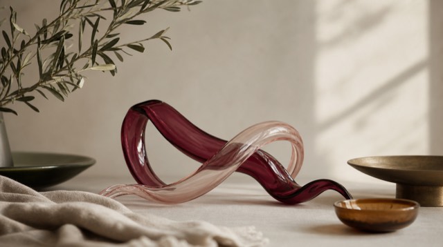 Abstract still life: two curved ribbons of oxblood and blush glass intertwining above a linen surface