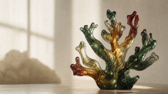Abstract still life: a branching coral-like glass form lit from within
