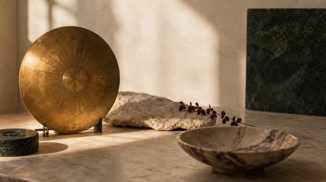 Abstract still life: a brass sun disc casting warm morning light across stone