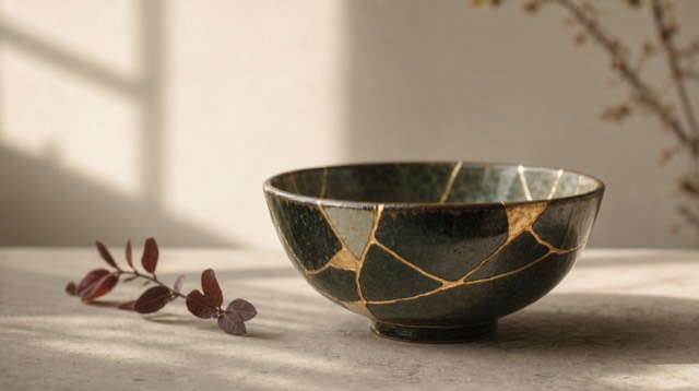 Abstract still life: a broken ceramic bowl repaired with gold seams, kintsugi style