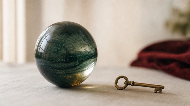 Abstract still life: a large glass sphere and a small brass key side by side