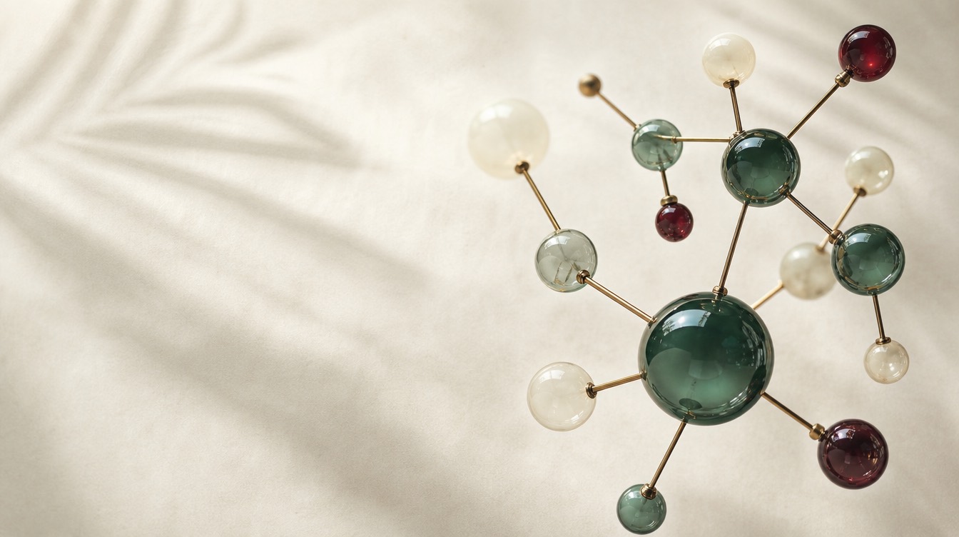 Abstract still life: an abstract molecular model of hand-blown glass spheres and brass rods under tropical window light
