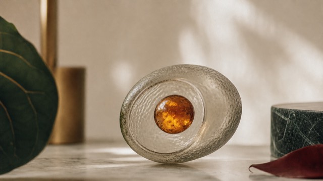Abstract still life: a glowing amber bead suspended inside a larger frosted glass capsule shape, like an organelle