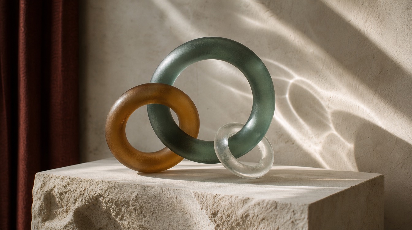 Abstract still life: three interlocking frosted glass rings, ink green, amber and clear, balanced on a stone plinth